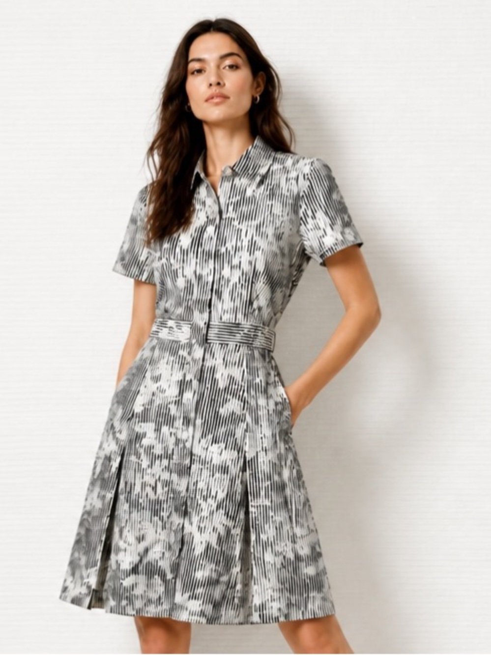 CLUB MONACO Black White Abstract Stripe Belted Shirt Dress Cotton Career Small